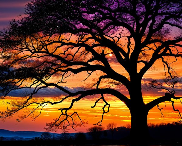 Majestic Tree Silhouette Against Colorful Sunset Sky