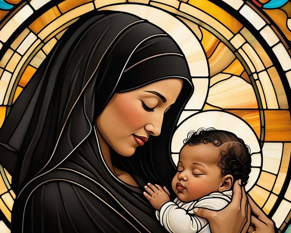 Stained Glass Artwork of Mother and Child in Amber Tones
