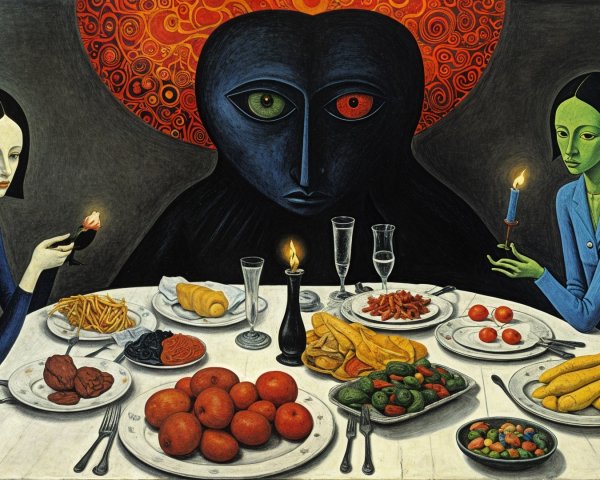 Surreal Dinner Scene with Three Figures and Dark Presence