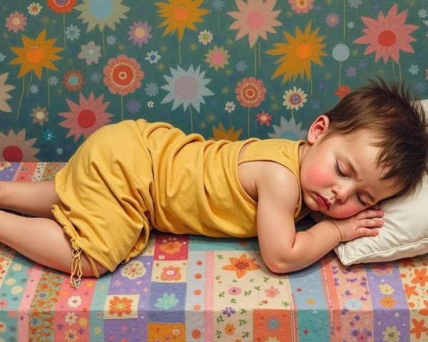 Baby Sleeping on Colorful Patchwork Blanket