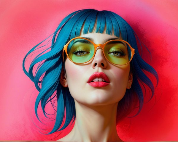 Portrait of a woman with blue hair and green sunglasses