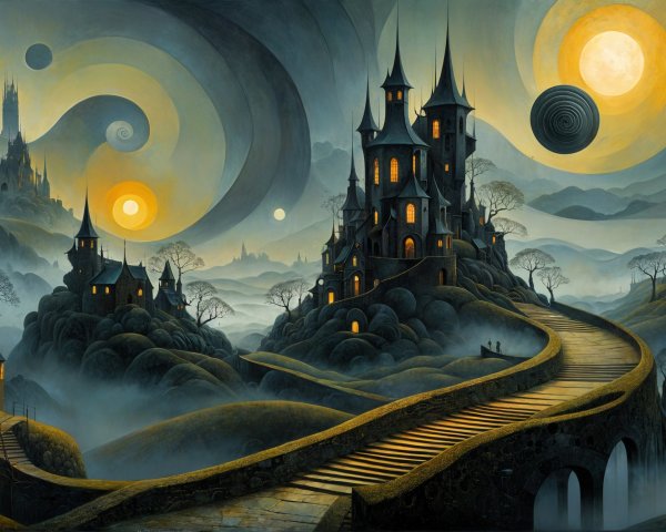 Surreal Landscape with Mystical Castle and Moons