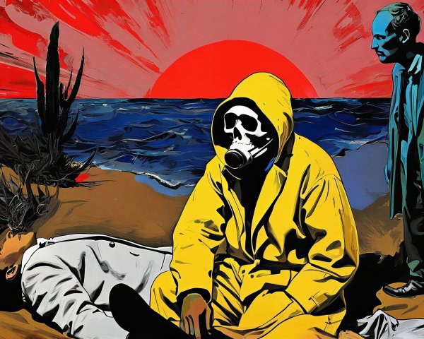 Stylized painting of three men on a dramatic beach