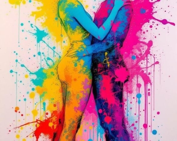Abstract Painting of Embracing Couple in Bright Colors