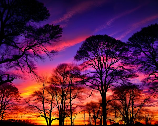 Vibrant Sunset with Silhouetted Trees and Clouds