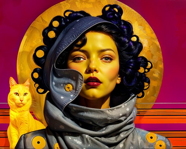 Vibrant portrait of a woman with yellow skin and cat