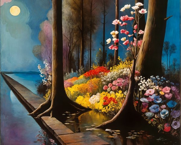 Twilight Landscape with Moonlit Sky and Vibrant Flowers