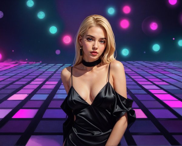 Young Woman in Black Dress at Nightclub Setting