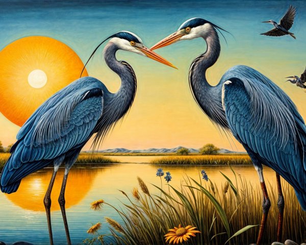 Herons by Tranquil River in Vibrant Landscape