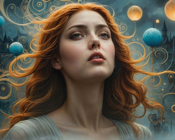 Portrait of a woman with red hair in a mystical setting