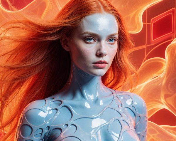 Portrait of a Model with Red Hair and Blue Glossy Skin