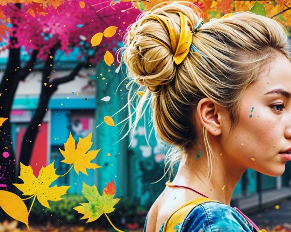 Woman with blonde bun in colorful autumn park