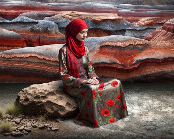 Young Woman in Floral Dress on Rocky Outcrop
