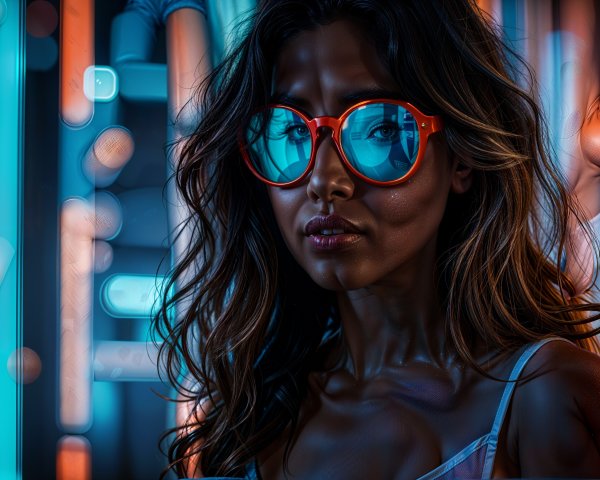 Woman with vibrant orange sunglasses in neon setting