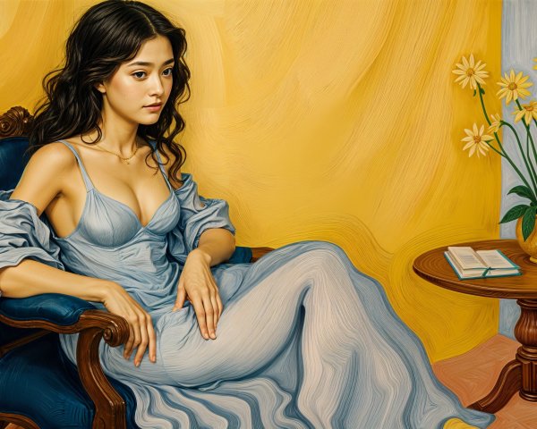 Young Woman in Vintage Chair with Yellow Daisies