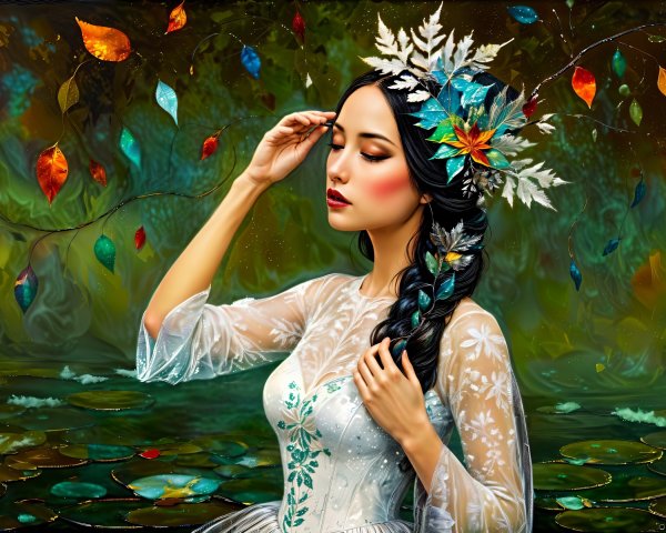Serene Woman in Magical Autumn Forest Setting