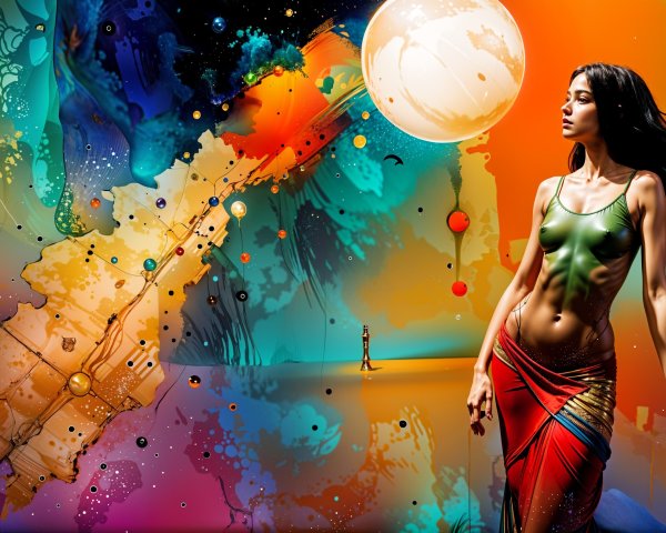 Woman in Green Top and Red Skirt Against Cosmic Background