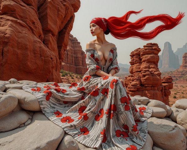 Elegant woman in floral dress in desert landscape