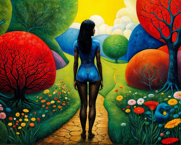 Surreal Landscape with Colorful Trees and Flowers