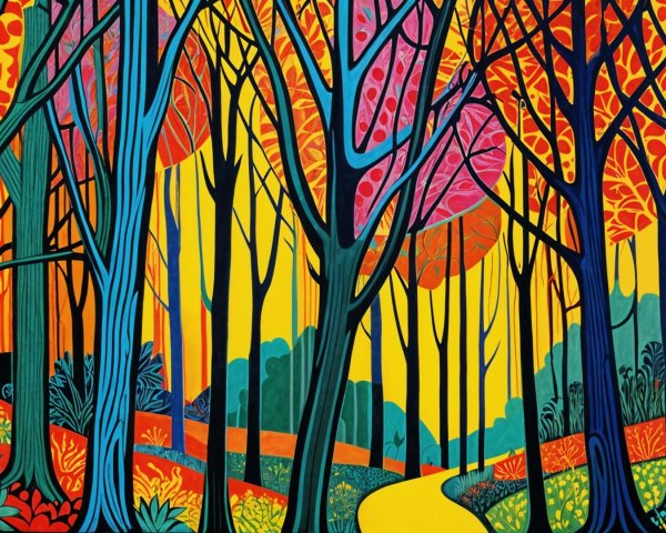 Vibrant Forest Scene with Colorful Trees and Foliage