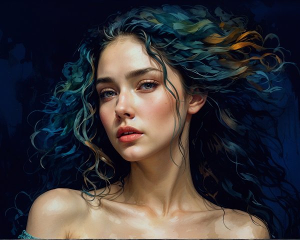 Young woman with wavy blue and orange hair in dark background