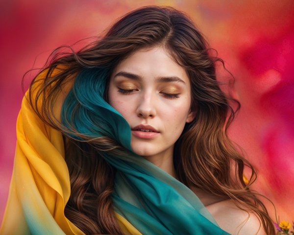 Serene Woman Embracing Colorful Silk Fabrics