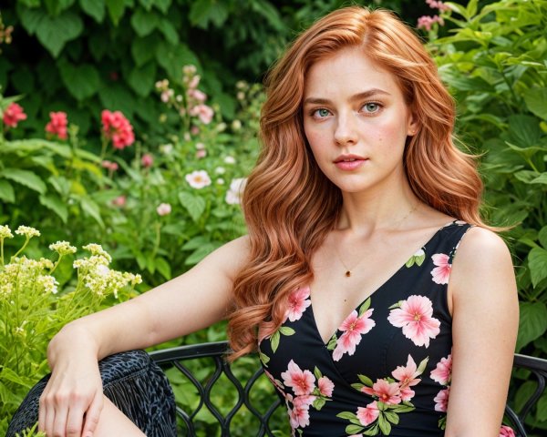 Young woman in floral dress sits in vibrant garden