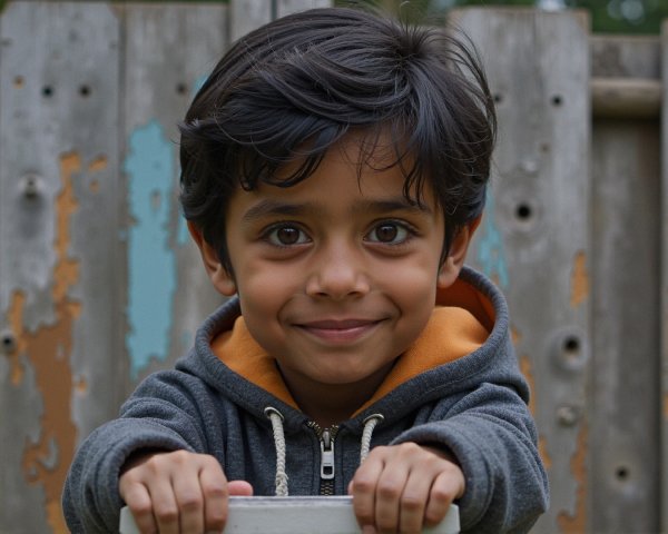 Young boy in gray hoodie by weathered wooden fence