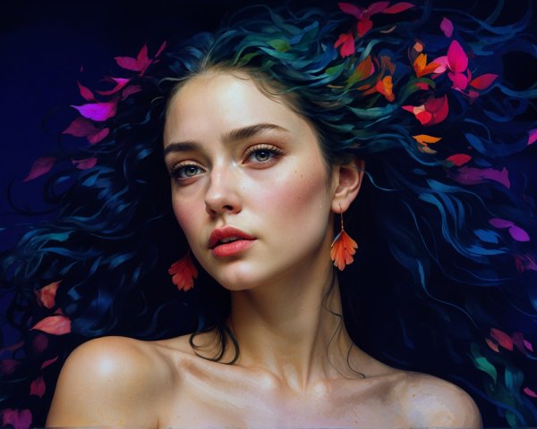 Young woman with flowing hair and autumn leaves