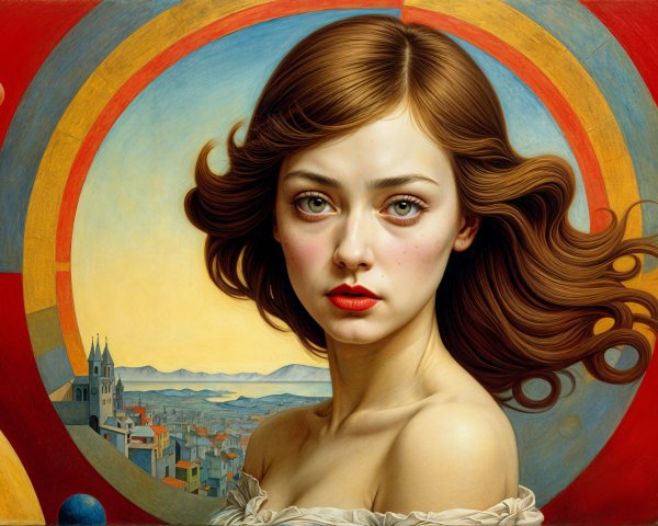 Young Woman with Brown Hair in Vibrant Landscape Art