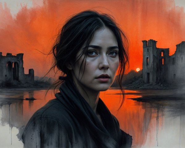 Young woman in sunset with ruins and reflective water