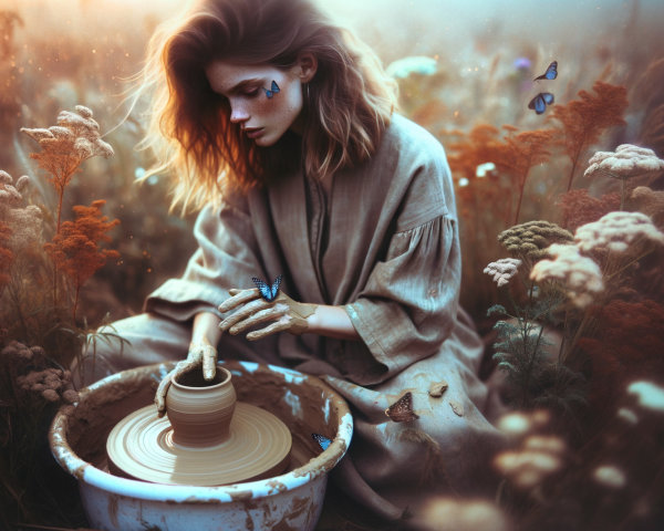 Young Woman Shaping Clay in Flower-Filled Meadow