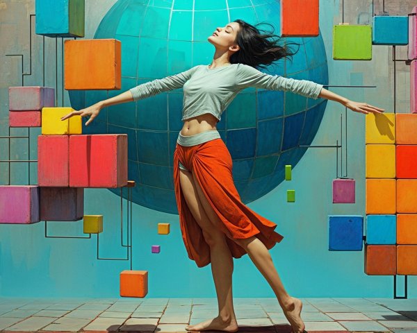 Dancer Posing with Vibrant Globe and Geometric Shapes
