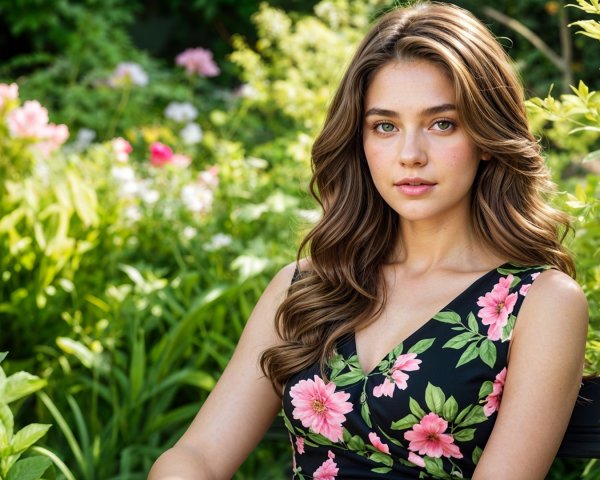 Young woman in floral dress in vibrant garden setting
