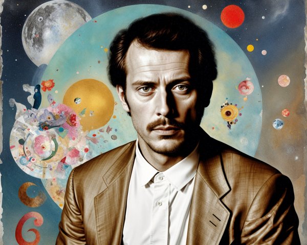 Portrait of a man in a brown suit with cosmic background