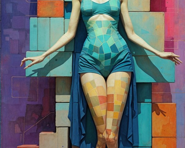 Model in Color-Blocked Swimsuit with Geometric Background