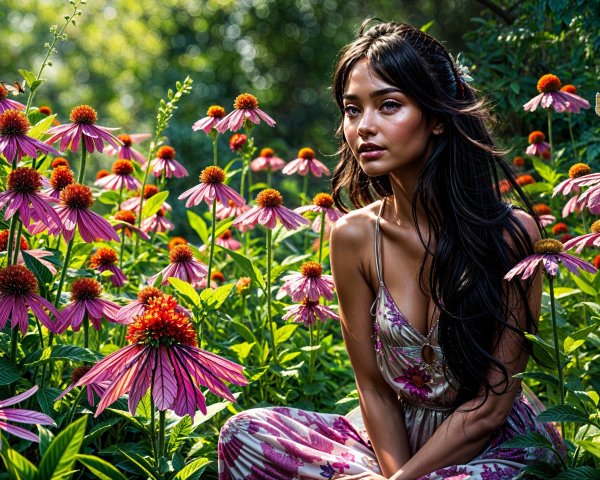 Woman in Floral Dress Surrounded by Echinacea Flowers