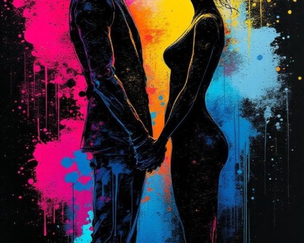 Abstract Couple Holding Hands in Colorful Background