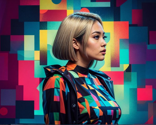 Young Woman in Colorful Geometric Outfit and Background