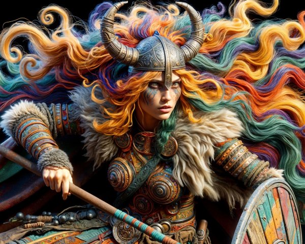 Fierce warrior in intricate armor with multicolored hair