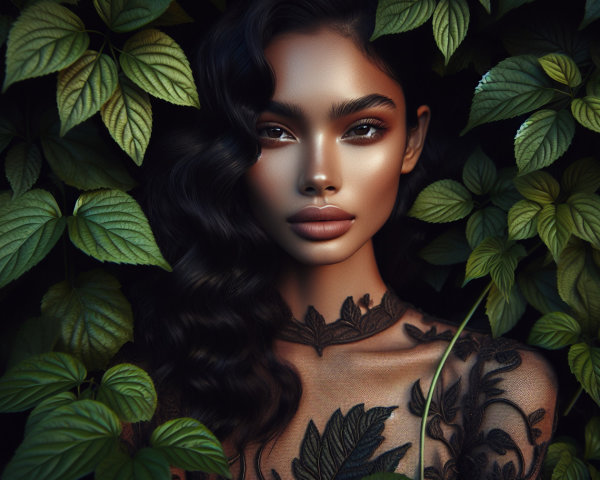 Portrait of a woman with botanical tattoos in nature