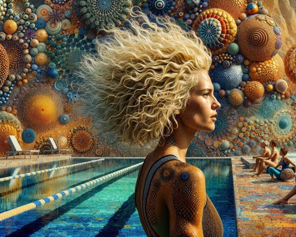 Serene Poolside Scene with Vibrant Textured Backdrop