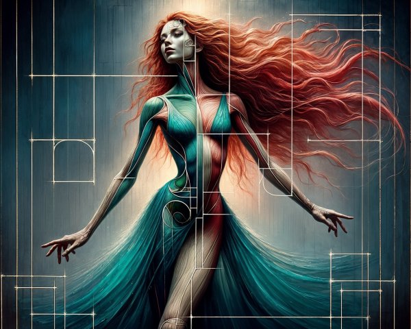 Surreal Woman with Red Hair in Geometric Patterns