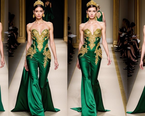 High-fashion model in elegant green gown with gold embroidery