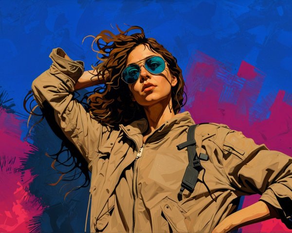 Stylish Woman in Khaki Jacket Against Colorful Background