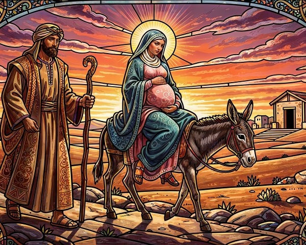 Stained-Glass Illustration of Mary and Joseph's Journey