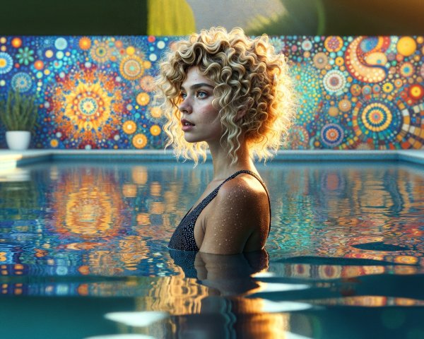Woman with Curly Hair in Sparkling Swimsuit by Pool