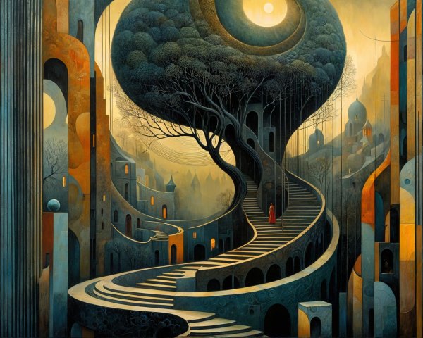 Surreal Landscape with Winding Staircases and Tree