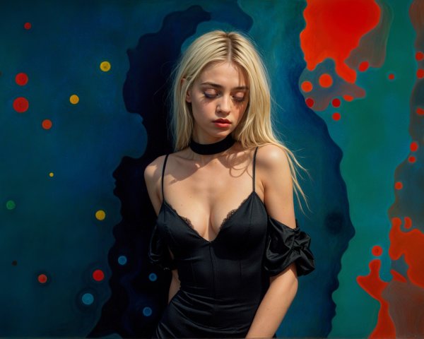 Young woman in black dress against vibrant abstract background