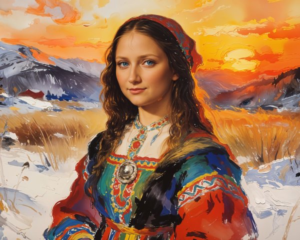 Watercolor Portrait of Woman in Winter Landscape